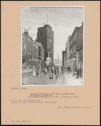 Chelsea Old Church With View Of Thames And Guy Fawkes Procession.