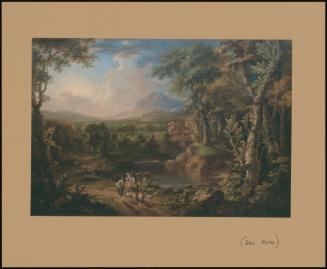 Mountainous Wooded River Landscape, With Figures And Goats On A Track, A Mill Beyond