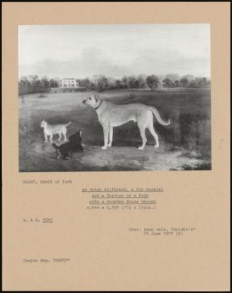 An Irish Wolfhound, A Toy Spaniel And A Terrier In A Park With A Country House Beyond