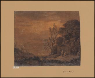 A WOODED LANDSCAPE WITH TWO FIGURES AND A GOAT BEFORE A CLASSICAL TEMPLE