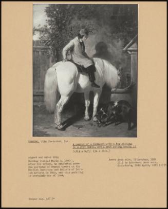 A Corner Of A Farmyard With A Boy Sitting On A Grey Horse, And A Goat Eating Nearby It