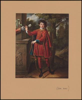 Portrait Of A Huntsman In A Red And Gold Embroidered Cloak, In A Wooded Landscape