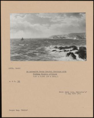 An Extensive Rocky Coastal Seascape With Fishing Vessels Offshore