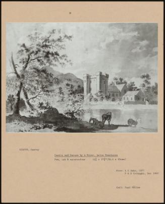 Castle And Horses By A River, Below Mountains