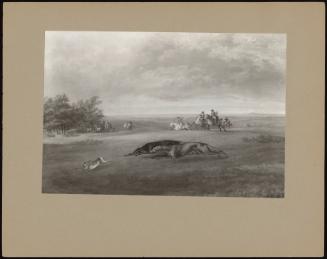 Coursing - Two Greyhounds In Close Pursuit, A Group Of Horsemen Following (One Of A Set Of 4)