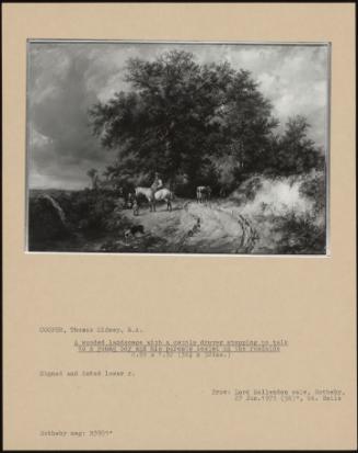 A Wooded Landscape With A Cattle Drover Stopping To Talk To A Young Boy And His Parents Seated On The Roadside