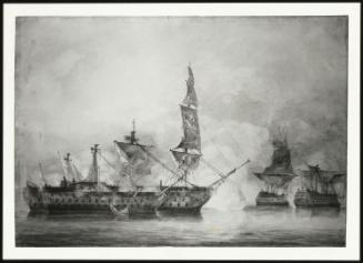 His Majesty's ship "Victory", Capt. E. Harvey, in the memorable battle of Trafalgar, between two French ships of the line