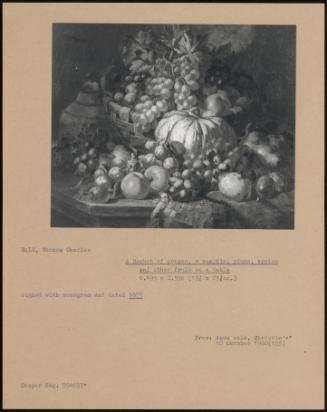 A Basket Of Grapes, A Pumpkin, Plums, Apples And Other Fruit On A Table