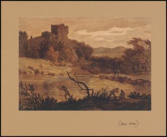 A LANDSCAPE WITH MEN BATHING AND A RUINED TOWER BEYOND