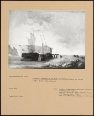 A Coastal Landscape At Low Tide With Fishing Vessels And Horses