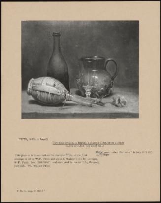 Two Wine Bottles, A Flagon, A Glass & A Flower On A Ledge