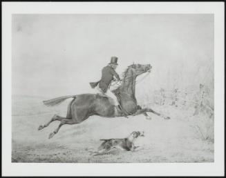 A Horseman on a Bay Horse Going to Jump a Rail Fence