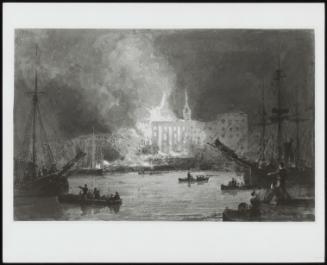 An Unidentified Riverside Building (Warehouse) on Fire at Night