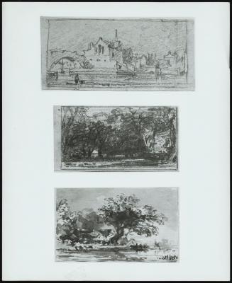 Bridge and Buildings on a River, York ; Study of Trees; Trees and Cottages at the Bend of a River