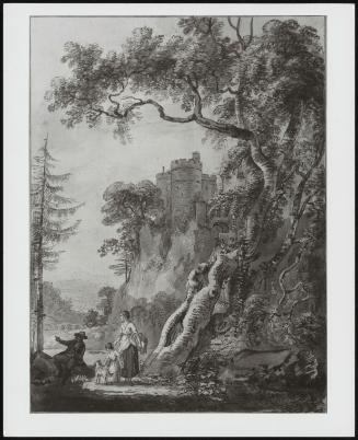 Romantic Landscape–Peasants at the Foot of a Castle on a Crag