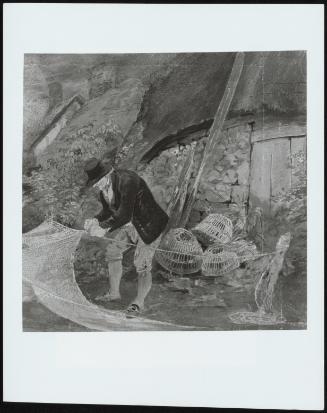 An Old Fisherman Repairing Nets with a Cottage in the Background