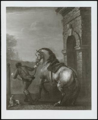 Man Leading A Prancing Bay Horse In A Classical Setting - One Of A Pair