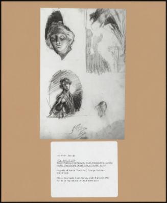 Folio 14r (P. 27) Two Studies for Heads: Oval Portraits, Greek Head, Landscape Overlooking Lake, Cliff