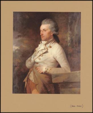 Portrait Of A Gentleman In A Cream Coat And Waistcoat With Gold Buttons And Trim, Leaning Against A Stone Plinth In A Landscape
