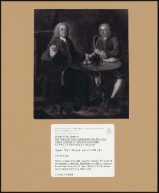 Portrait of Two Gentlemen Seated at a Table Raising a Toast in a Garden