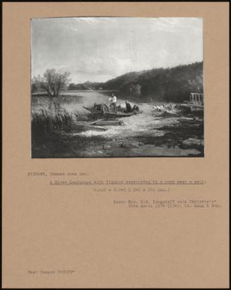 A River Landscape With Figures Conversing In A Punt Near A Weir.