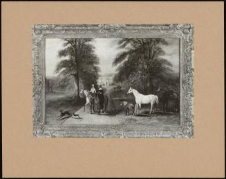 Quenby Hall' (Lady & Gent. On Horses With Two Dogs In Tree-Lined Avenue To House Believed Quenby Hall, Leicester)