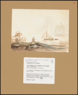 Lake scene with figures and sailing ship