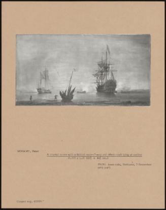 A Coastal Scene With A British Man-O'-War And Other Craft Lying At Anchor