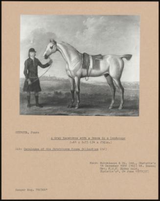 A Grey Racehorse With A Groom In A Landscape