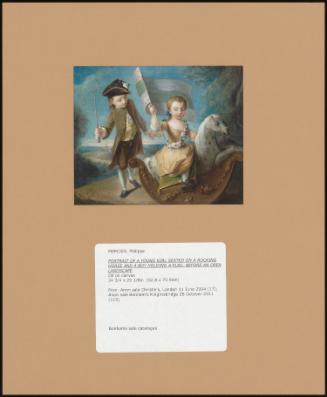 Portrait Of A Young Girl Seated On A Rocking Horse And A Boy Holding A Flag, Before An Open Landscape