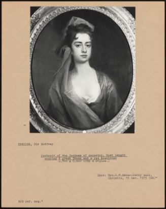 Portrait Of The Duchess Of Ancaster, Bust Length Wearing A Green Dress And A Red Headdress