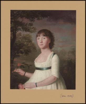 Portrait of a Young Girl, in a White Dress with a Blue Sash, Roses in Her Right Hand, in a Landscape