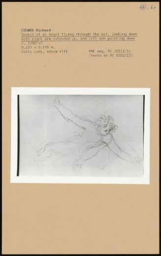 Sketch Of An Angel Flying Through The Air, Looking Down With Right Arm Extended Up, And Lift Arm Pointing Down