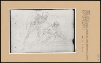 Sketch With The Winged Skeleton Of Death Approaching A Seated Old Man Wearing A Cap