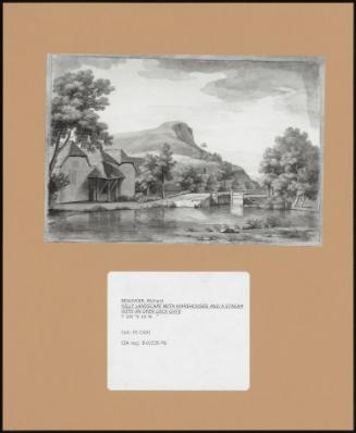 Hilly Landscape With Warehouses And A Stream With An Open Lock Gate