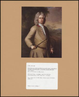 PORTRAIT OF JOHN SUTTON, IN A BUFF COAT, HOLDING A RIDING CROP AND HAT, A COUNTRY HOUSE BEYOND