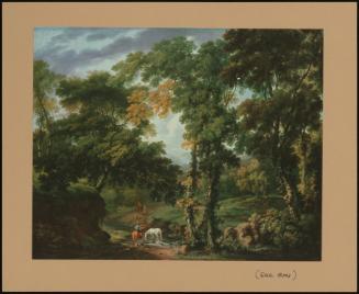 A Wooded River Landscape With Figures And Horses At A Ford And Fallow Deer In A Clearing