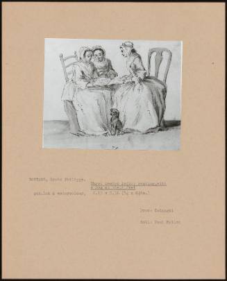 Three Seated Ladies Reading, With A Dog At Their Feet