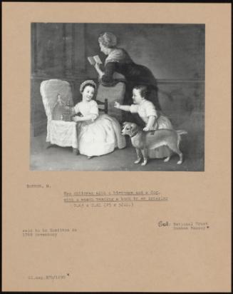 Two Children With A Birdcage And A Dog, With A Woman Reading A Book In An Interior