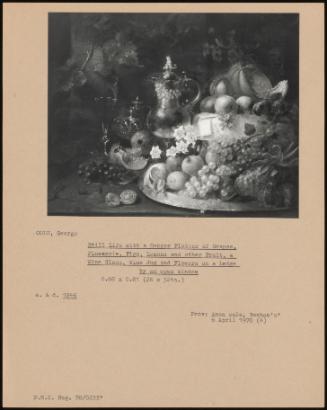 Still Life With A COppér Platter Of Grapes, Pineapple, Figs, Lemons And Other Fruit, A Wine Glass, Wine Jug And Flowers On A Ledge By An Open Window